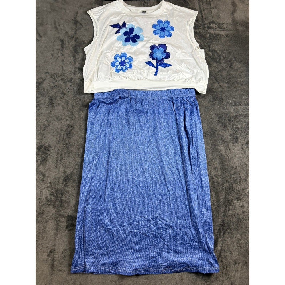 Floral Graphic Top and Denim Print Skirt 2 Piece Set Blue White 3XL